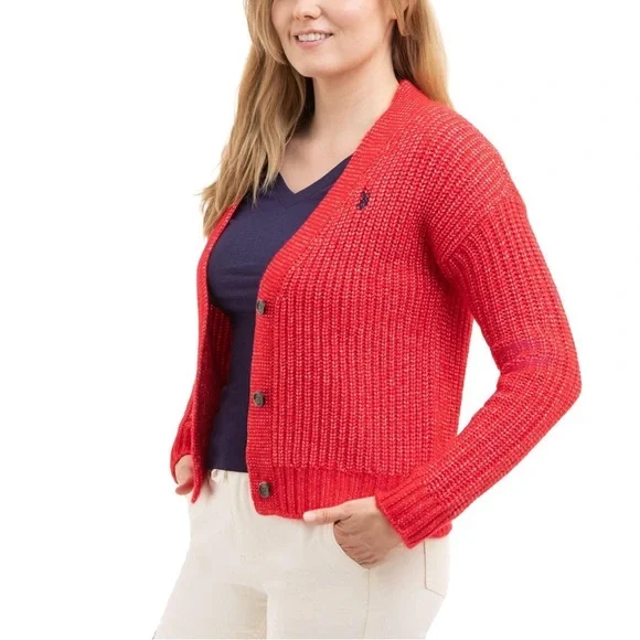 U.S Polo Association Red Knit Cable Cardigan Sweater - Picture 2 of 10
